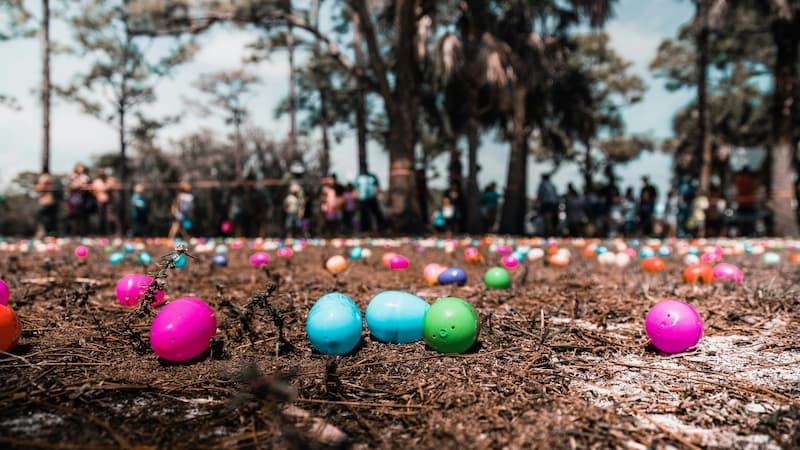 Bunte Ostereier liegen auf dem Waldboden während einer Ostereiersuche im Freien – Symbolbild für Veranstaltungen auf Gemeinschaftsflächen und mietrechtliche Fragen im Zusammenhang mit einer Mietkautionsversicherung.