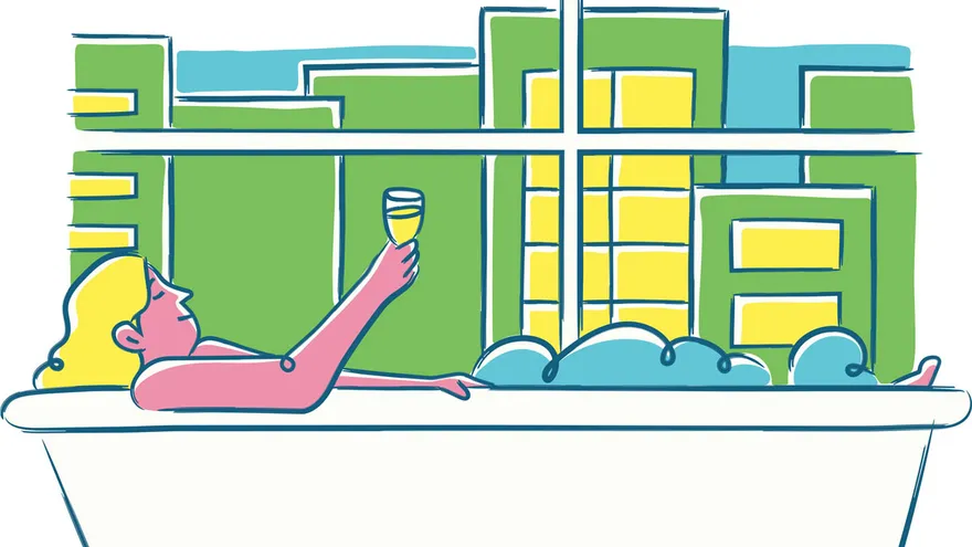 Illustration einer Frau, die entspannt in einer Badewanne mit Sektglas liegt und durch das Fenster auf moderne Wohnhäuser blickt – Symbol für Wohnen, Komfort und Mietkautionsversicherung.