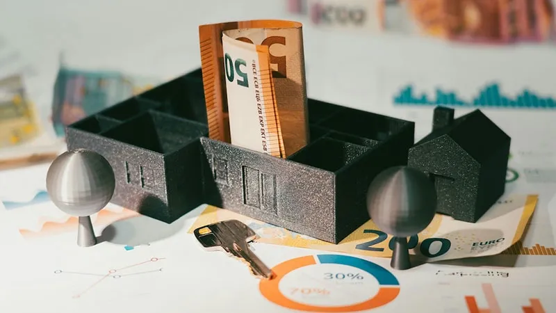Symbolbild mit Hausmodellen, Euro-Banknoten, Schlüssel und Diagrammen – Darstellung finanzieller Aspekte rund um Mietverhältnisse und die Rolle der Mietkautionsversicherung.