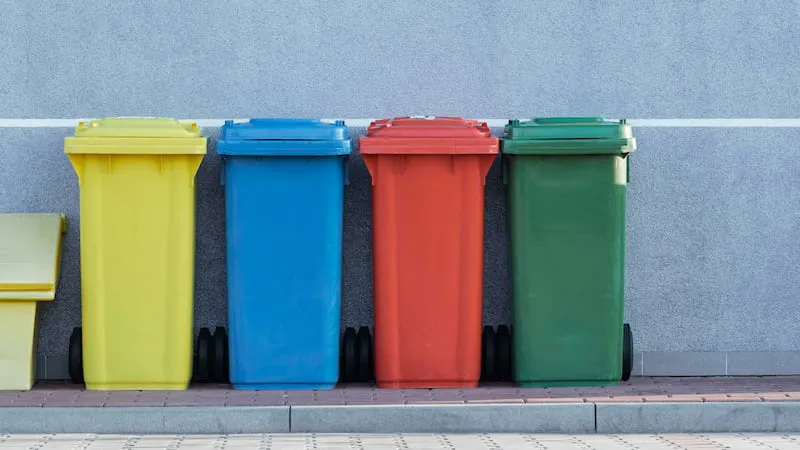 Vier Mülltonnen in Gelb, Blau, Rot und Grün vor grauer Wand – Symbolbild für Mülltrennung und ordnungsgemäße Nutzung gemeinschaftlicher Flächen im Mietverhältnis im Zusammenhang mit einer Mietkautionsversicherung.