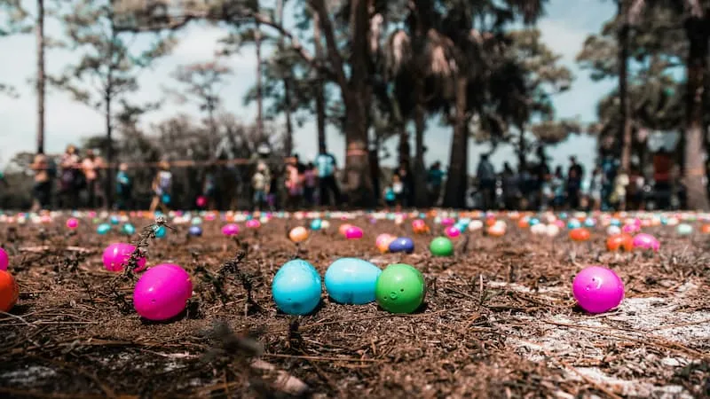 Bunte Ostereier liegen auf dem Waldboden während einer Ostereiersuche im Freien – Symbolbild für Veranstaltungen auf Gemeinschaftsflächen und mietrechtliche Fragen im Zusammenhang mit einer Mietkautionsversicherung.