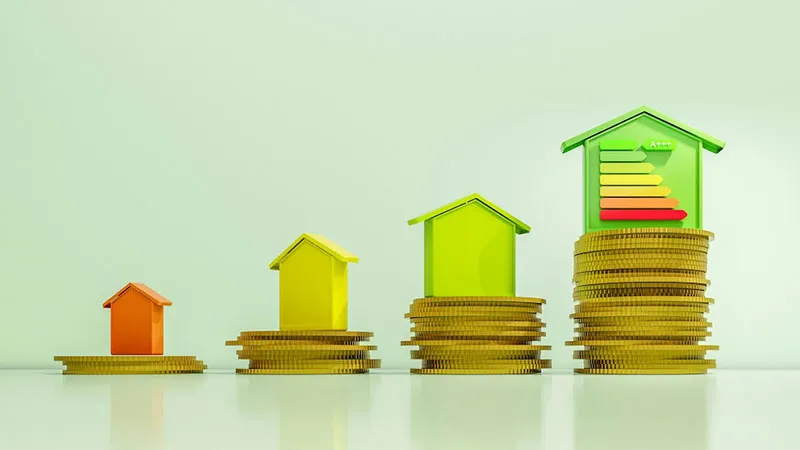 Vier unterschiedlich große Miniaturhäuser auf gestapelten Münzen, das größte mit Energieeffizienzsymbol – Symbolbild für steigende Wohnkosten, Energiekosten und die Rolle der Mietkautionsversicherung bei finanziellen Risiken im Mietverhältnis.